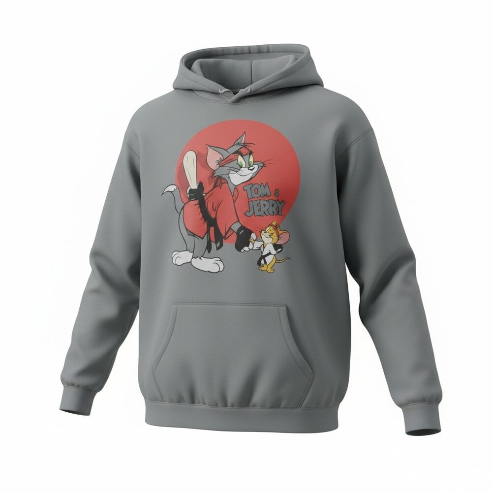 Tom & Jerry Graphic Hoodie XL Gray Cartoon Sweatshirt Retro Cartoon Pullover
